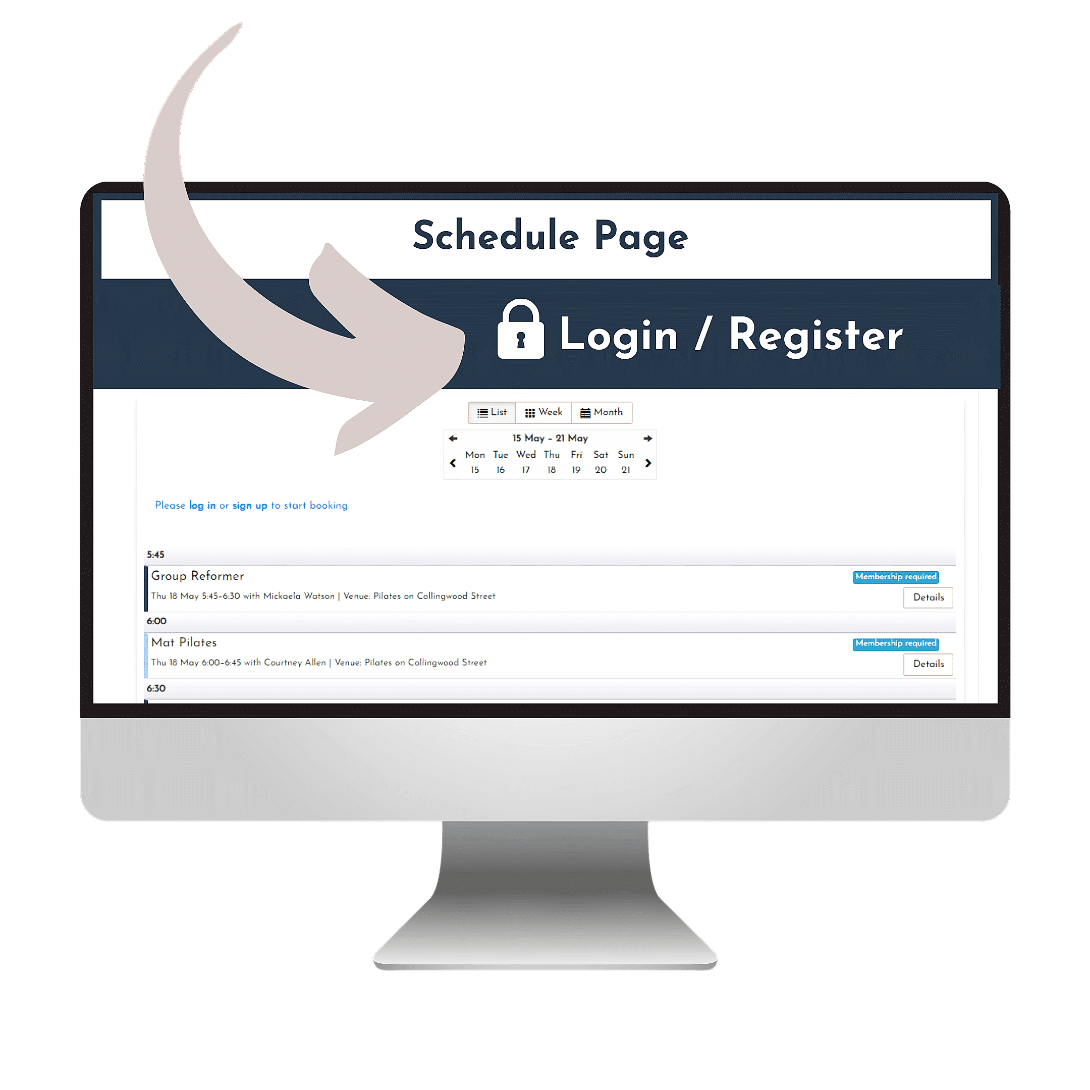 Login / Register for TeamUp Login image for clients to see their Pilates class schedule