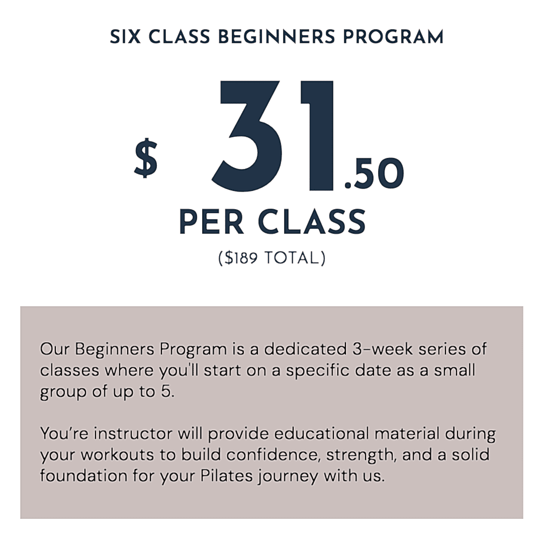 Six class beginners program for $31.50 per class for Beginner Reformer Pilates Classes
